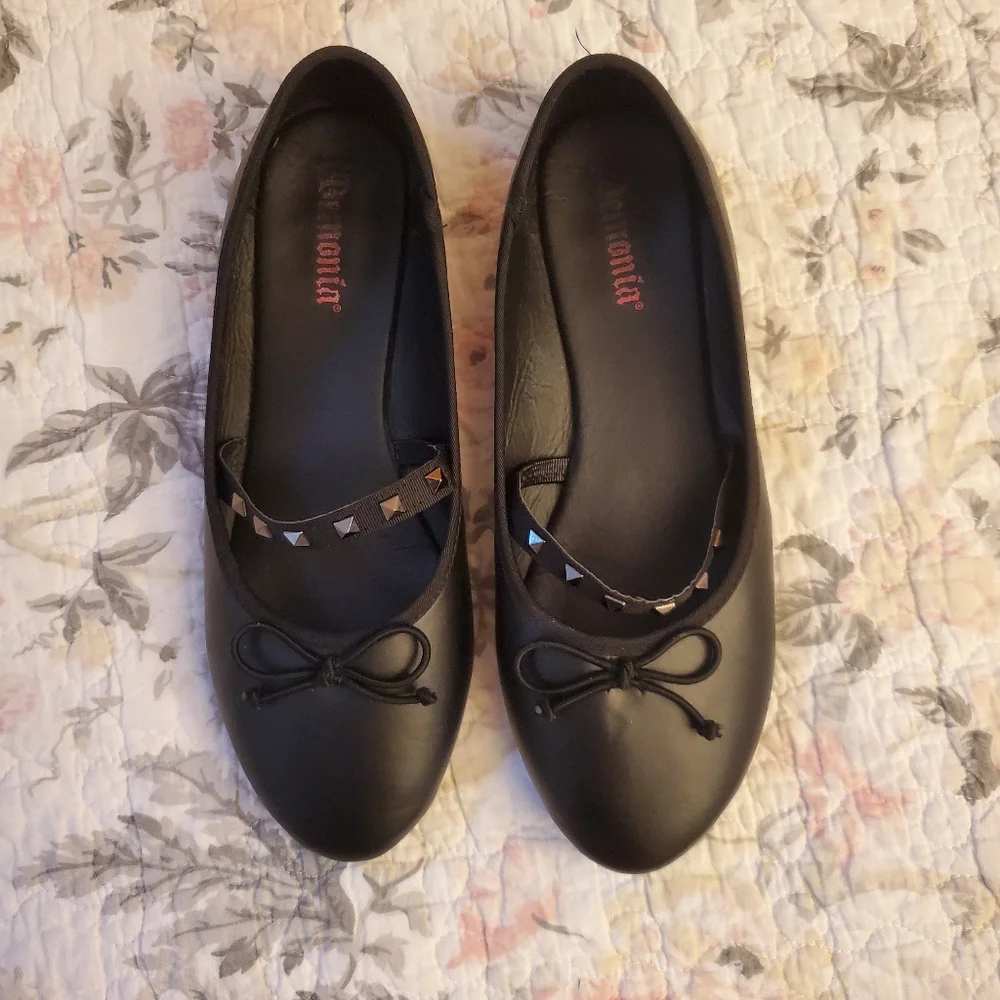 Black Ballet Flats with Studded Strap - Picture 2 of 7